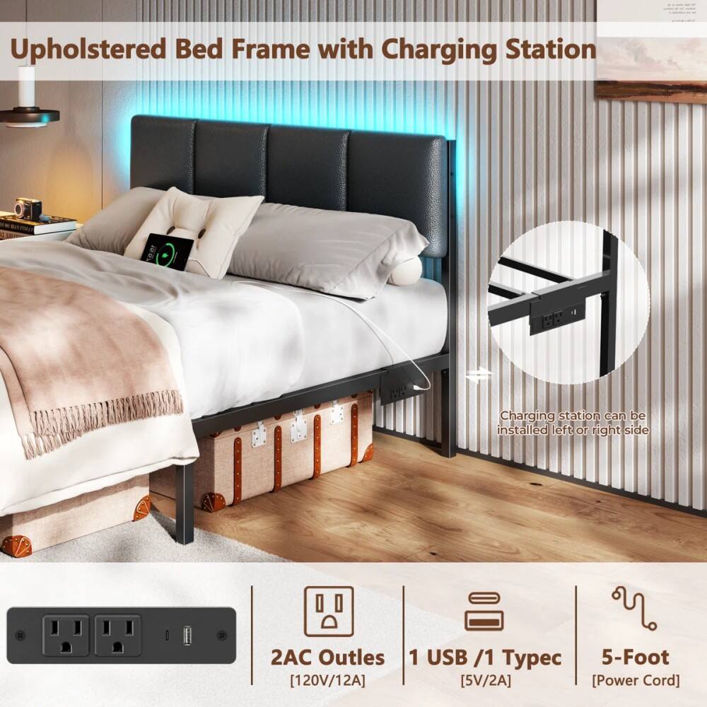 Upholstered Bed Frame with Charging Station

- Charging station can be installed left or right side
- 2AC Outlets [120V/12A]
- 1 USB / 1 Typec [5V/2A]
- 5-Foot [Power Cord]