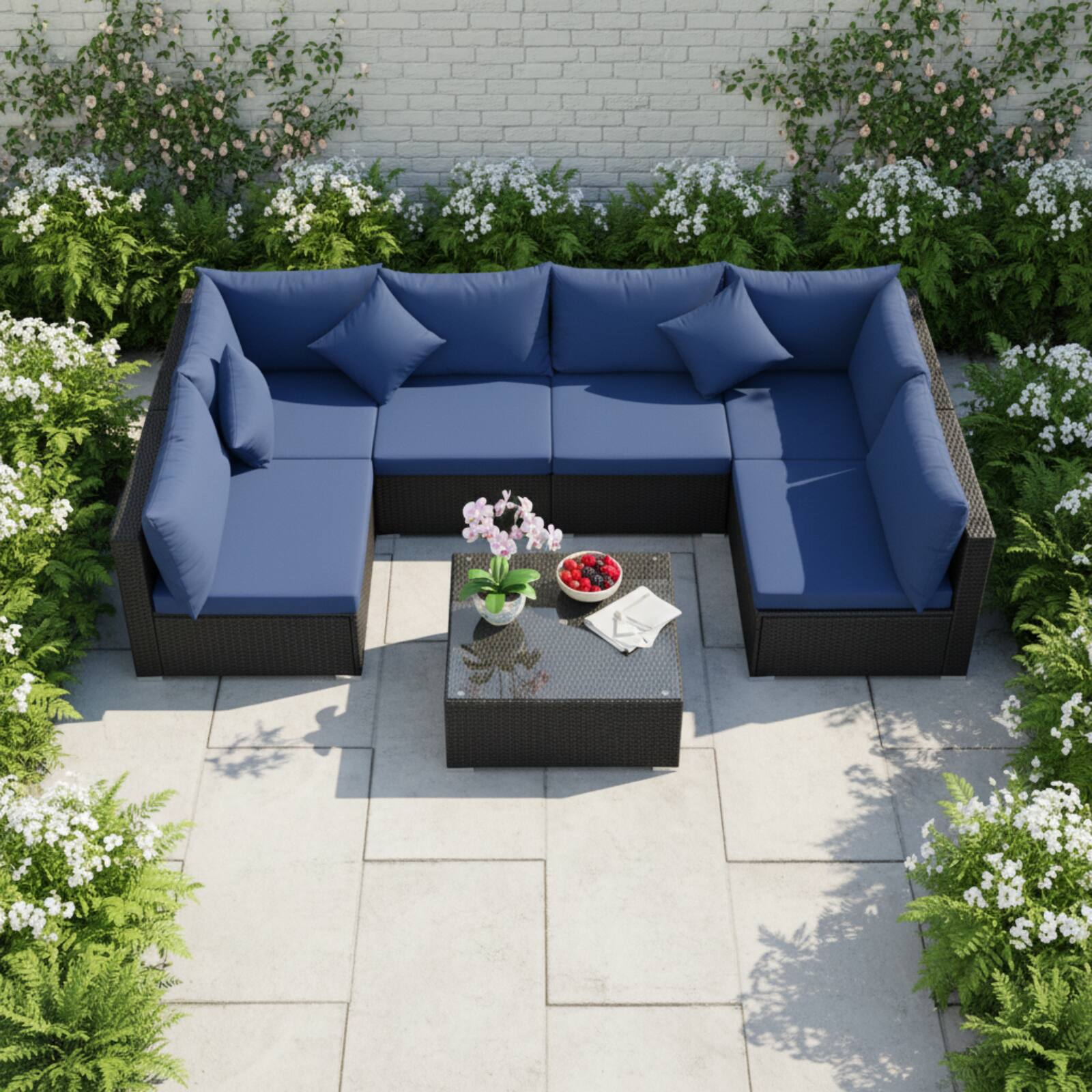 Alt View 3. Costway - Costway 7PCS Patio Rattan Sofa Set Sectional Conversation Furniture Set Garden - Navy.