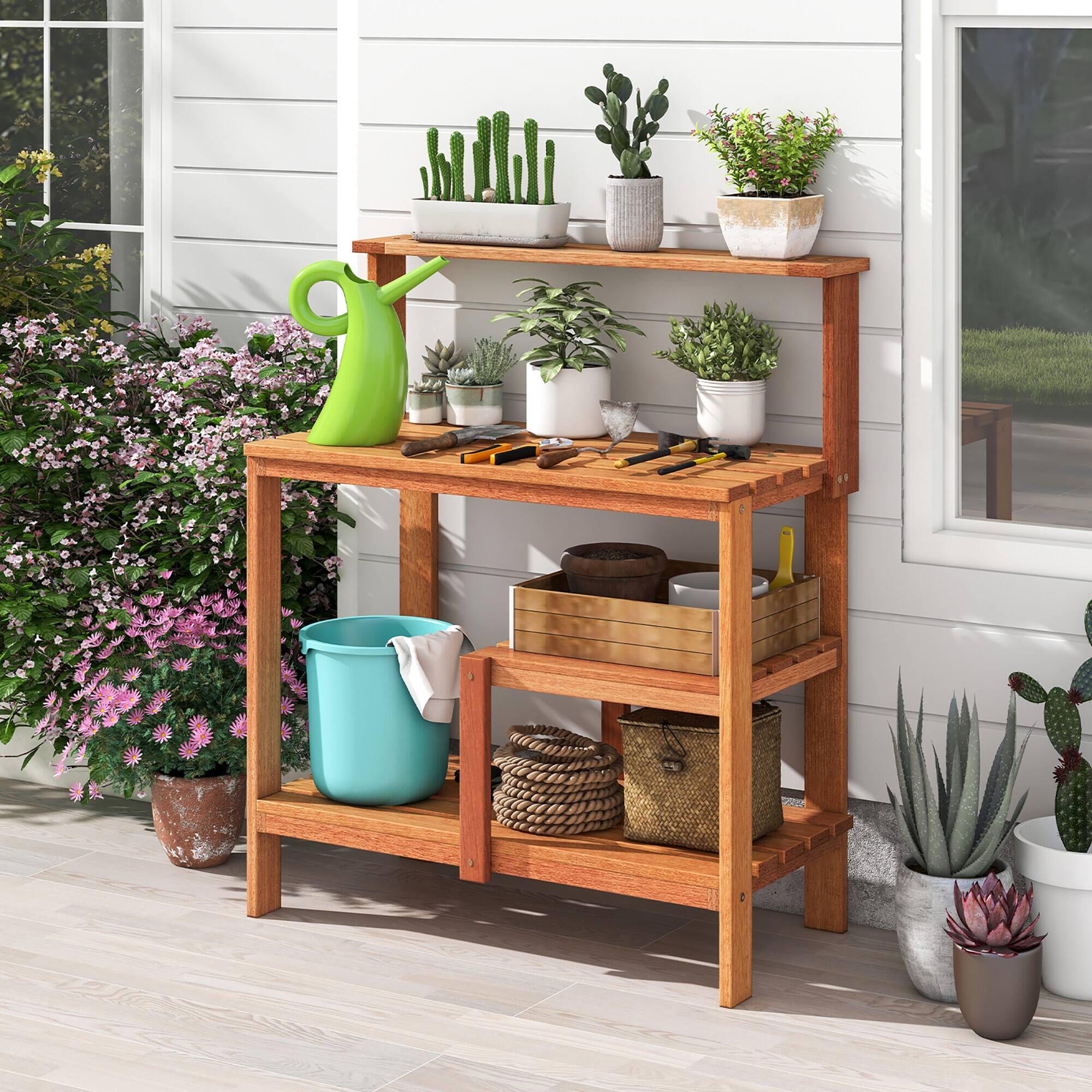 Alt View 3. Gymax - Gymax Outdoor Potting Bench Table w/Open Shelves Teak Oil Finish Gardening Workstation - Nature.