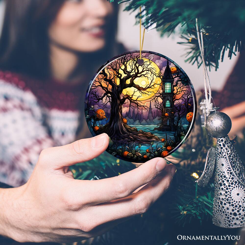 Alt View 1. OrnamentallyYou - Spooky Tree Haunted House Stained Glass Style Ceramic Ornament Halloween Themed Christmas Gift - Multi-colored.
