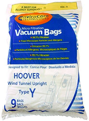 A MUST FOR ALLERGY SUFFERERS!!  
EnviroCare TECHNOLOGIES  
Micro Filtration Vacuum Bags  
99.7% Filtration Traps Microscopic Particles and Allergens  
Filtración 99.7% Partículas y Alergénicos Microscópicos de Pies  
Particules et Allergènes Microscopiques de Pies  
99.7% Filtración Partículas Alergénicos Microscópicos de los Desvios  

Designed to Fit:  
Concuc Pour:  
Diseñado a Medida:  
HOOVER Wind Tunnel Upright Type Y  
9 BAGS  
9 SACS  
9 BOLSAS