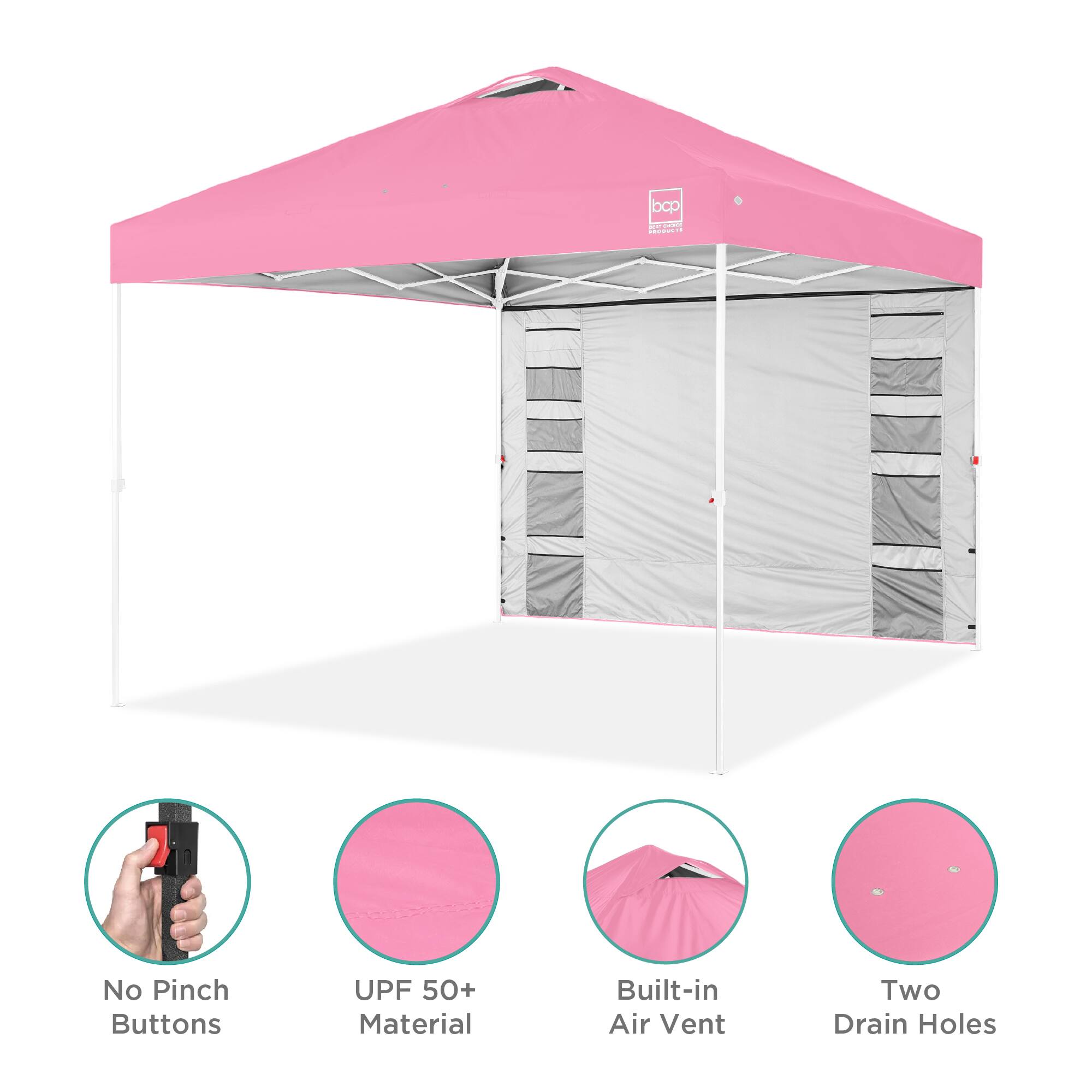 bcp:  
- No Pinch Buttons  
- UPF 50+ Material  
- Built-in Air Vent  
- Two Drain Holes