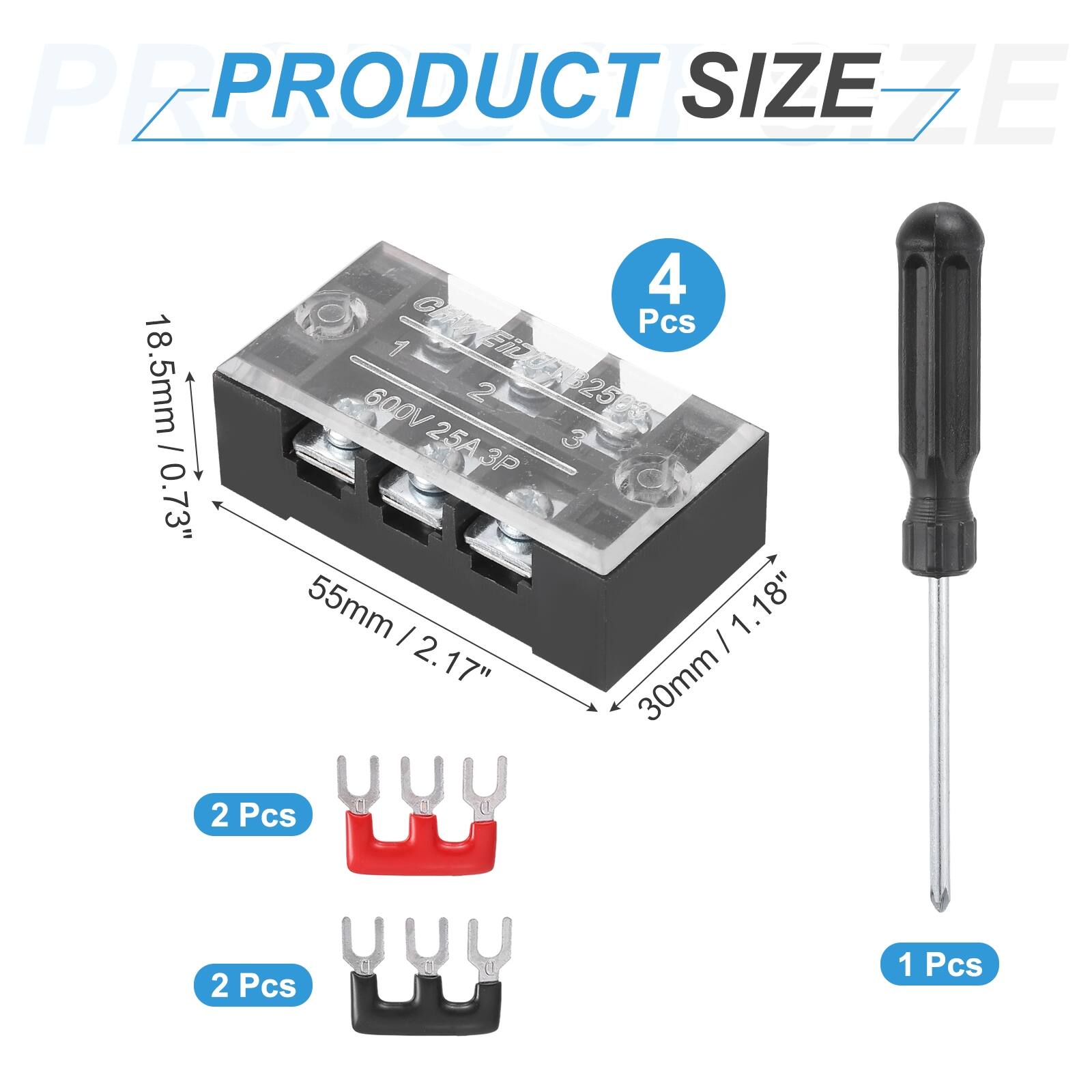 PRODUCT SIZE

4 Pcs

18.5mm / 0.73"  
55mm / 2.17"  
30mm / 1.18"

2 Pcs

2 Pcs

1 Pcs