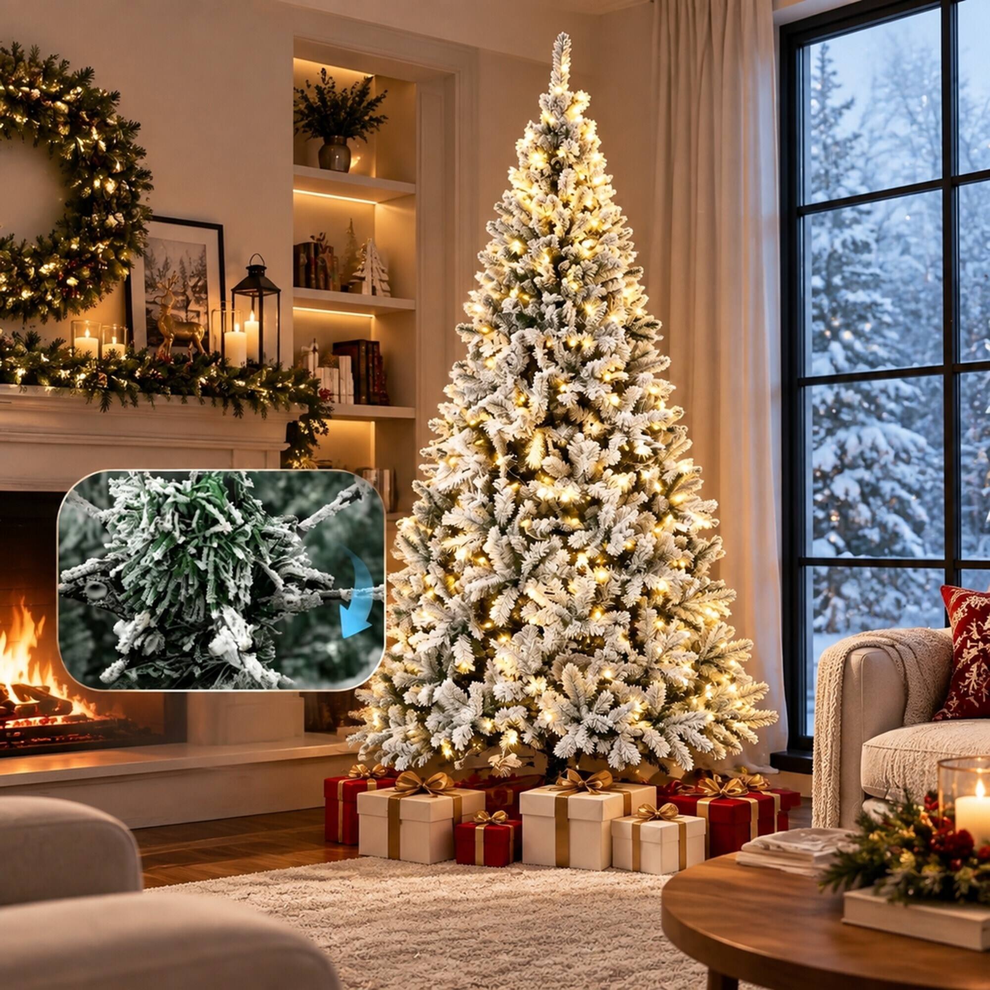 Alt View 4. RYHNUYNE - 6FT Pre-Lit Flocked Fraser Fir Christmas Tree With LED Lights and Hinged Branches, Foldable Metal Base - White.