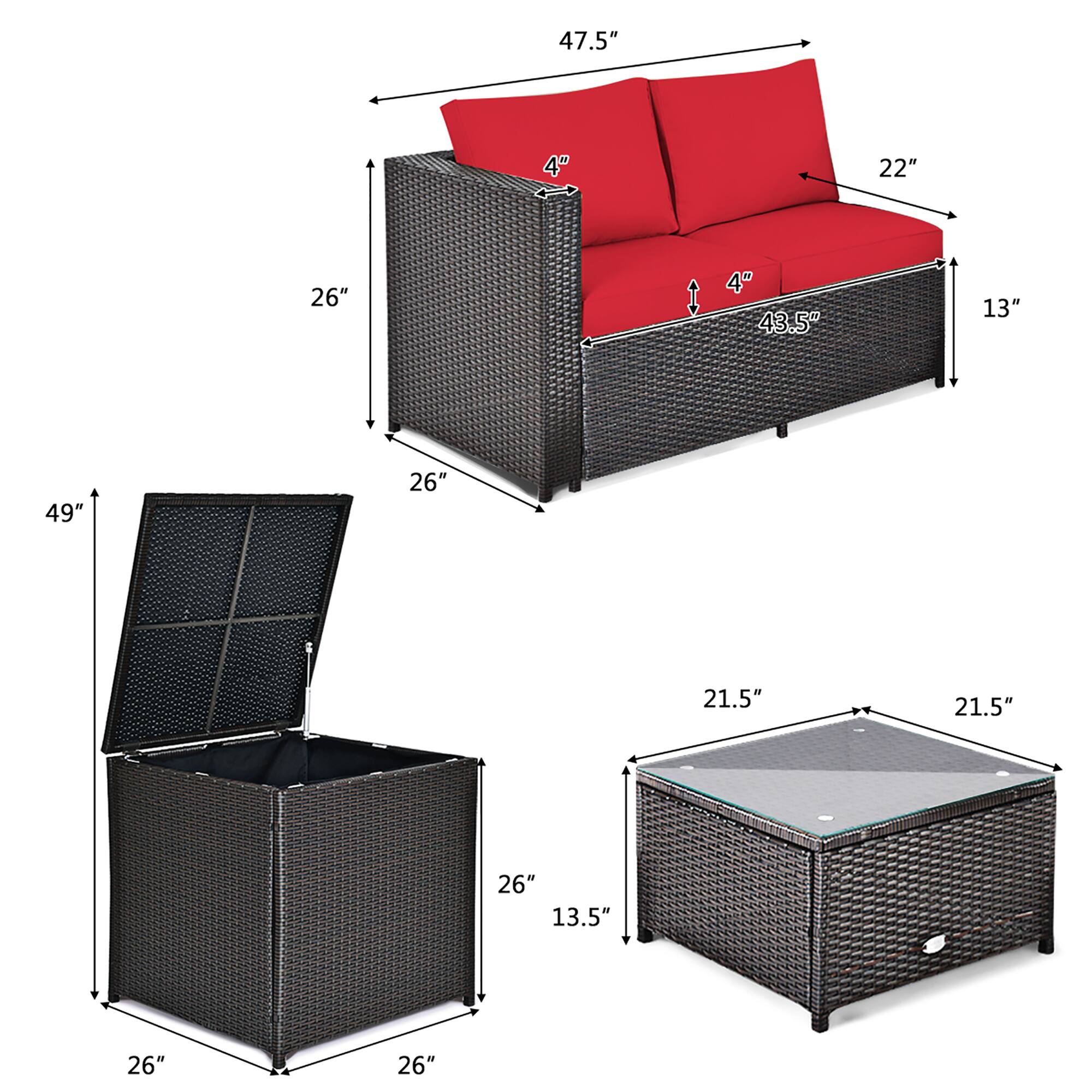 Sure, here are the corrected and grouped measurements from the image:

- Sofa:
  - Width: 47.5"
  - Depth: 43.5"
  - Height: 49"
  - Seat Height: 13"
  - Armrest Height: 22"
  - Back Height: 4"
  - Seat Depth: 26"

- Ottoman:
  - Width: 21.5"
  - Depth: 21.5"
  - Height: 13.5"
  - Seat Height: 26"

- Coffee Table:
  - Width: 26"
  - Depth: 26"
  - Height: 26"