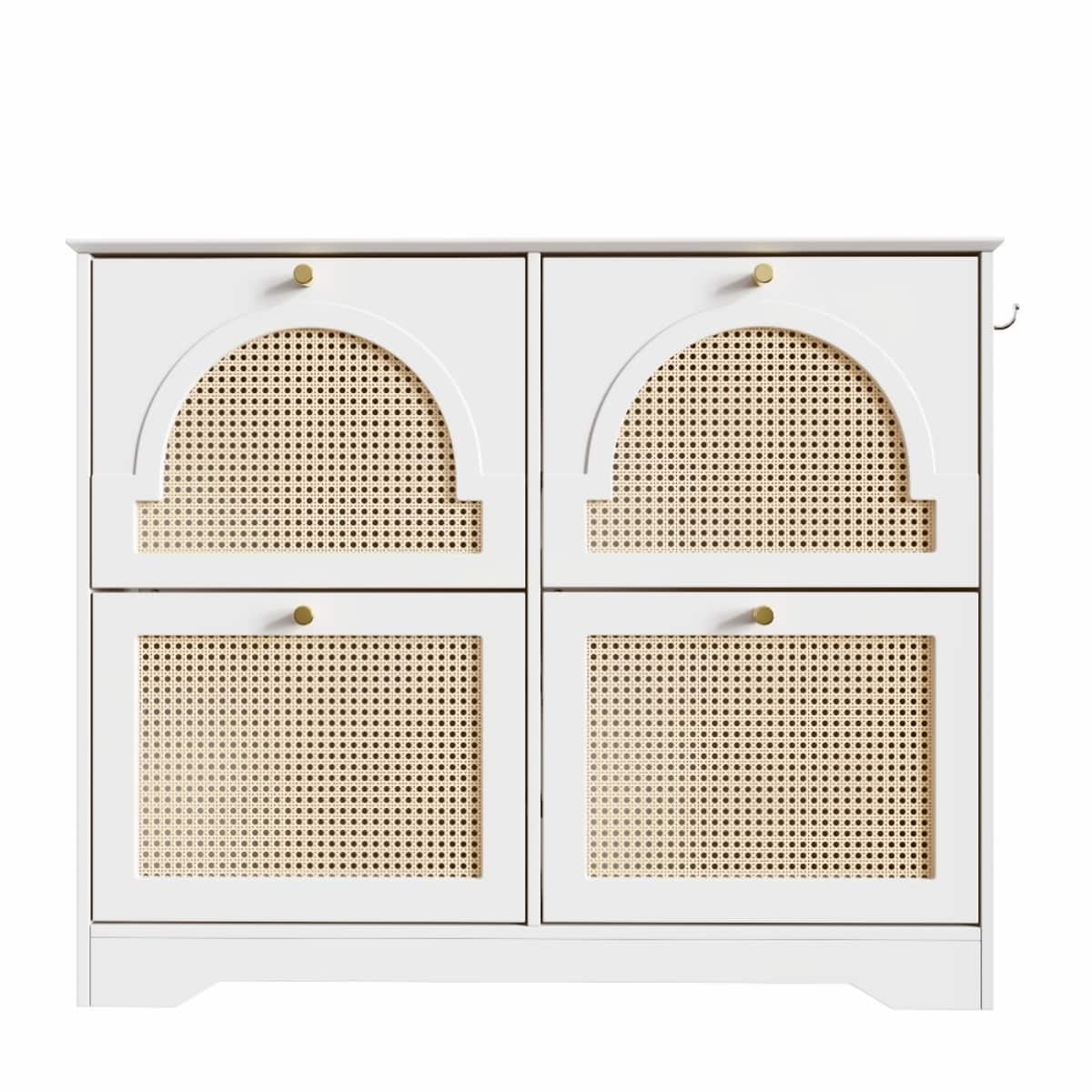 Halitaa - Shoe Cabinet with 4 Rattan Doors & Anti-Tip Design - Entryway Freestanding Shoe Storage for Hallway, Living Room - White