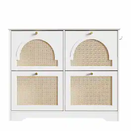 HTUTWOO - Shoe Cabinet with 4 Rattan Doors & Anti-Tip Design - Entryway Freestanding Shoe Storage for Hallway, Living Room - White