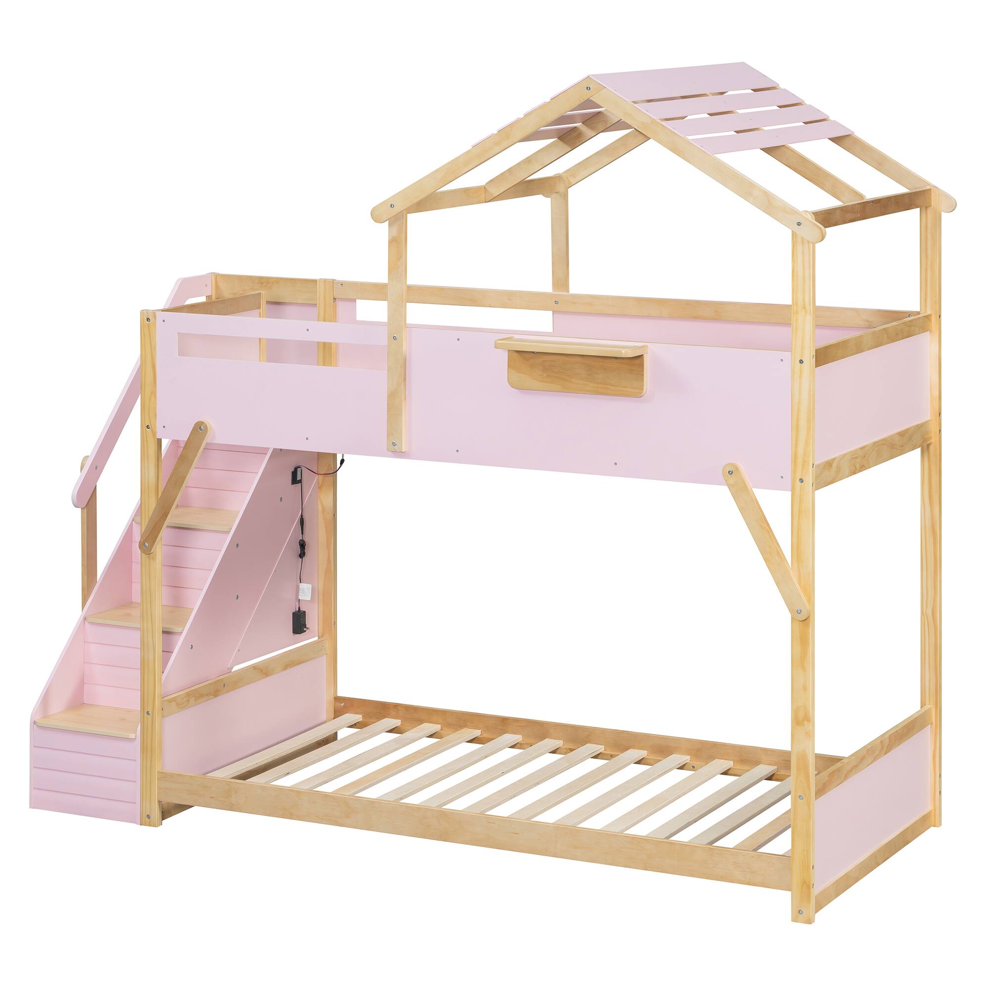 Left. Anysun - Twin over Twin House Bunk Bed with Stairs and 3-Color LED Lights - Pink.