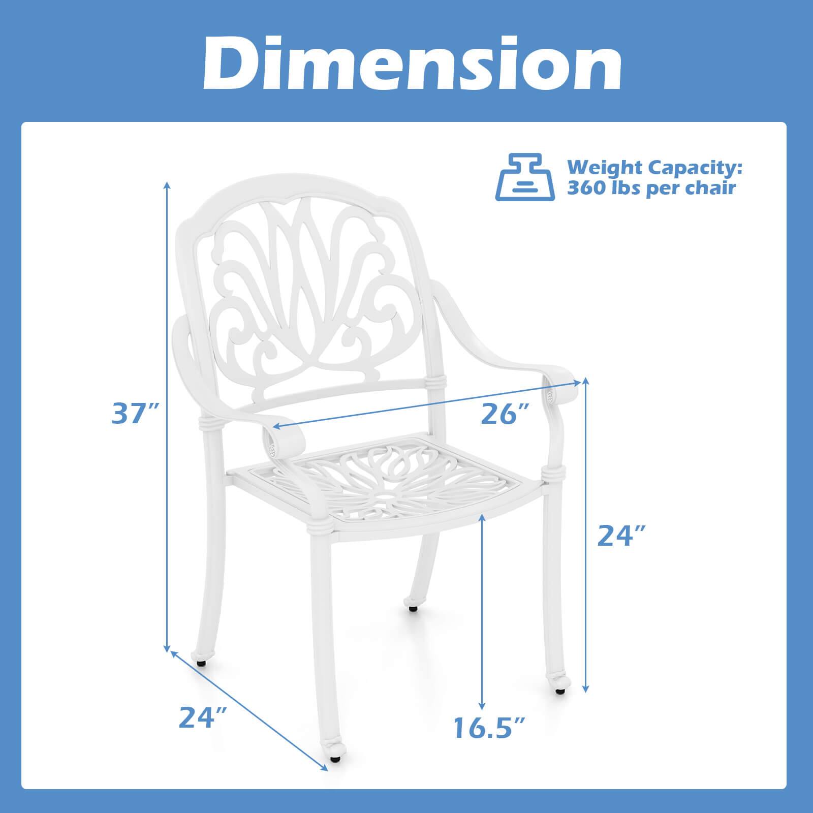 Dimension  
Weight Capacity: 360 lbs per chair  
37" x 26" x 24" x 24" x 16.5"
