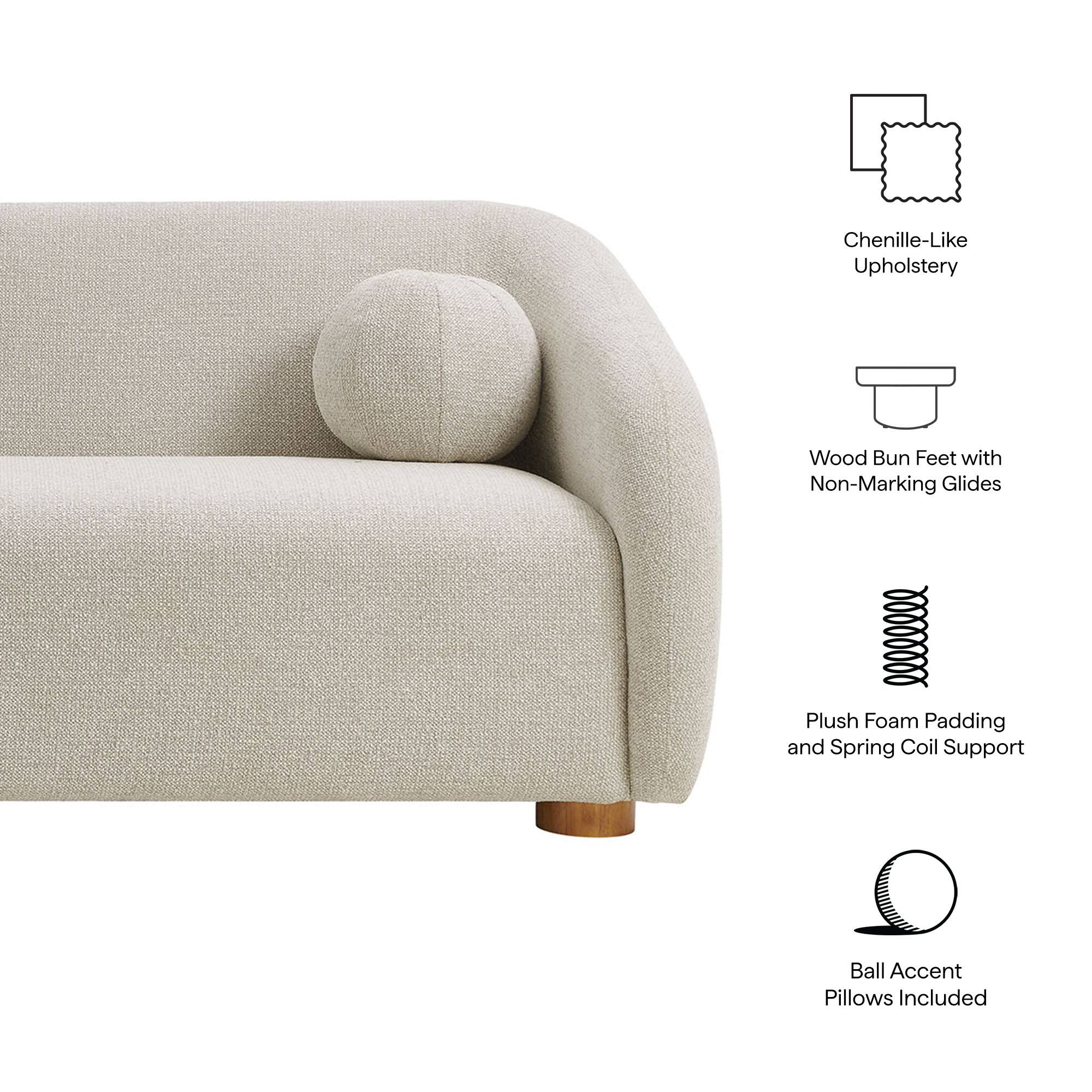 Chenille-Like Upholstery  
Wood Bun Feet with Non-Marking Glides  
Plush Foam Padding and Spring Coil Support  
Ball Accent Pillows Included