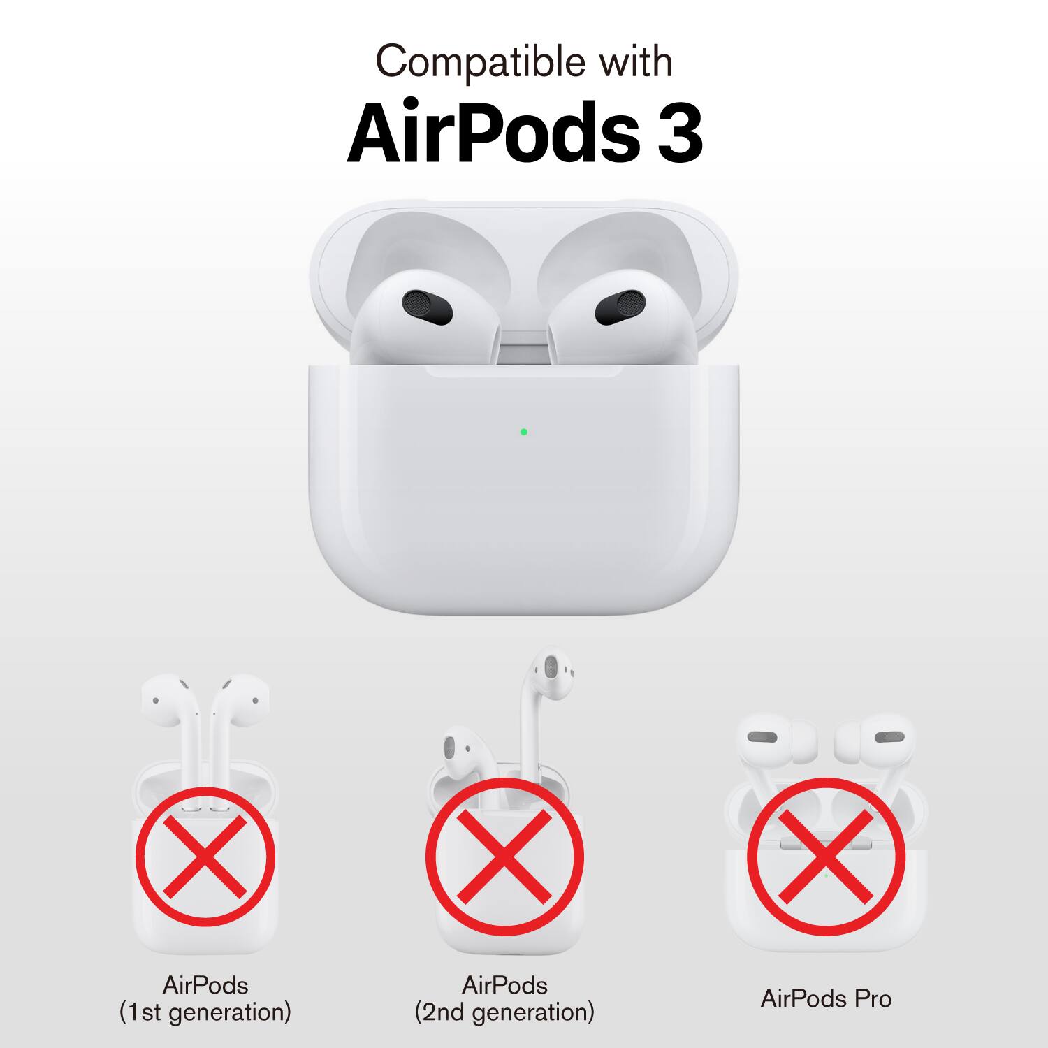Compatible with AirPods 3

AirPods (1st generation) X
AirPods (2nd generation) X
AirPods Pro X