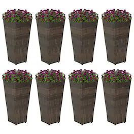 Sunnydaze - 24 in Polyrattan Tall Square Planter - Set of 8 - Brown