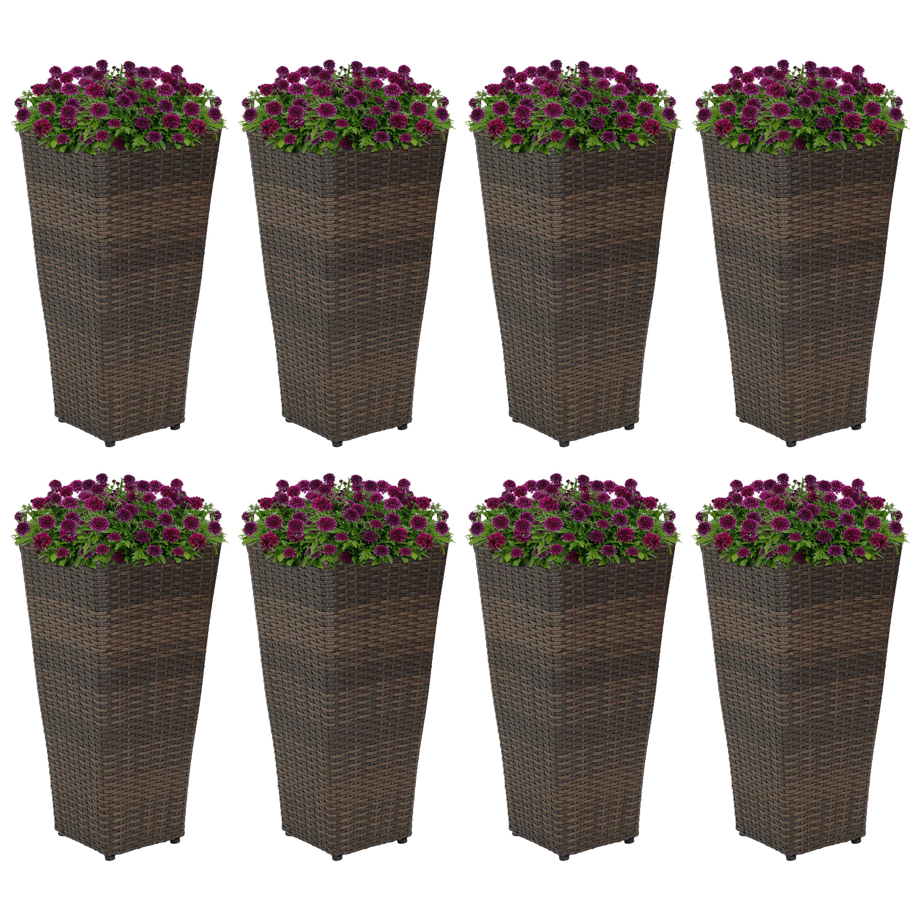 Front. Sunnydaze - 24 in Polyrattan Tall Square Planter - Set of 8 - Brown.