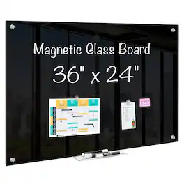 HOMLUX - Glass Dry Erase Bulletin Boards, 36" x 24" Glass Board Mounted, Includes 6 Magnets with Marker Tray - Black