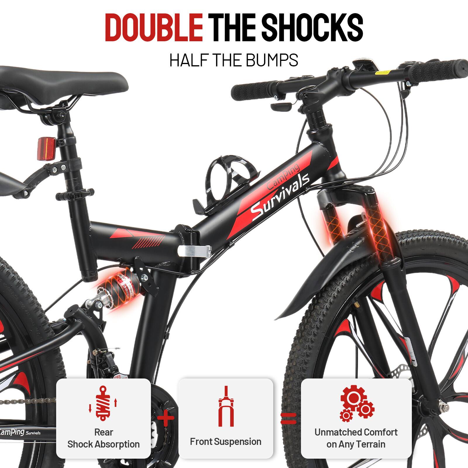 DOUBLE THE SHOCKS  
HALF THE BUMPS

Camping Survivals

Rear Shock Absorption  
Front Suspension  
Unmatched Comfort on Any Terrain