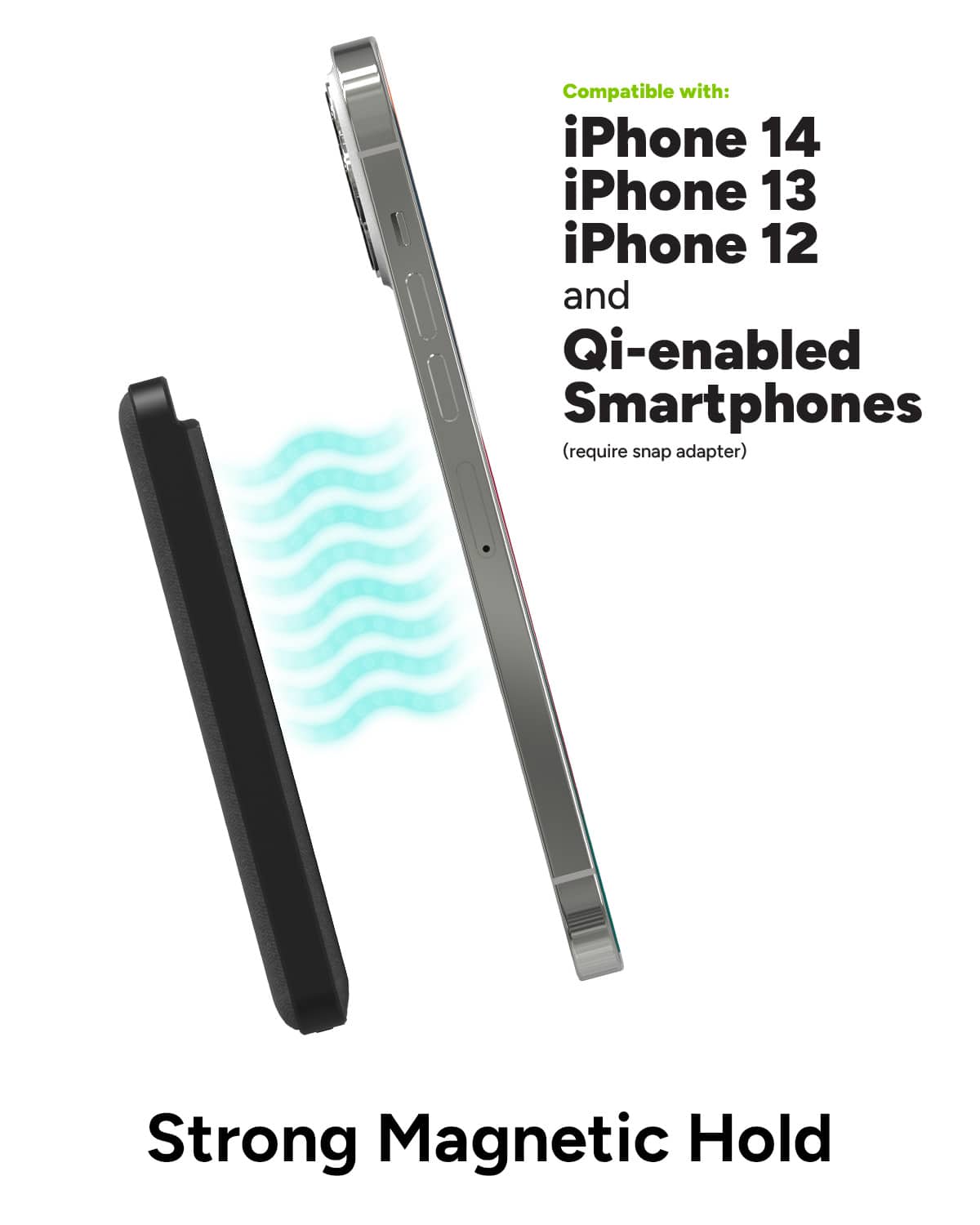 The text on the image reads: "Compatible with iPhone 14 iPhone 13 iPhone 12 and Qi-enabled Smartphones (require snap adapter) Strong Magnetic Hold."