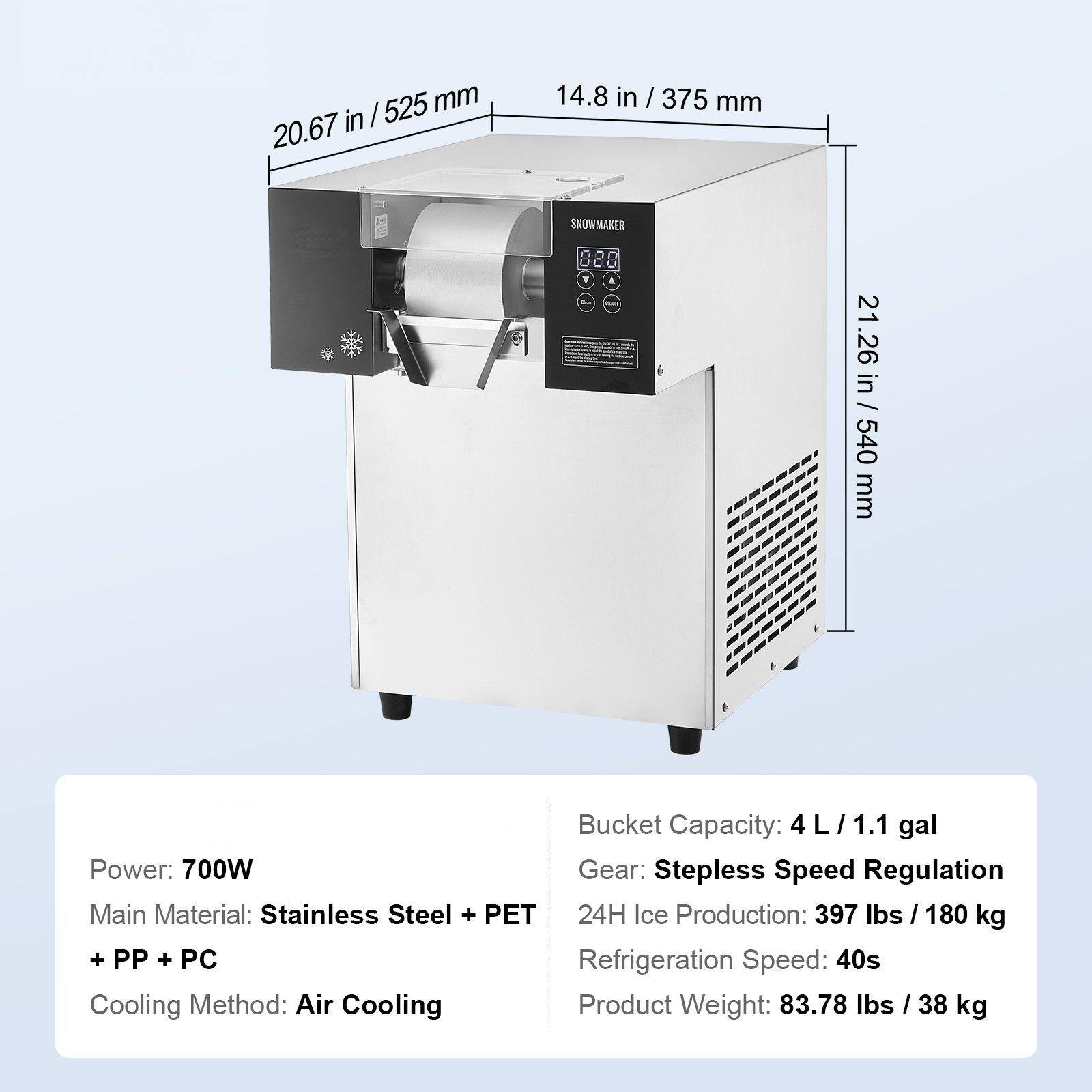 Sure, here is the corrected and grouped text:

---

**Dimensions:**
- Width: 20.67 in / 525 mm
- Depth: 14.8 in / 375 mm
- Height: 21.26 in / 540 mm

**Specifications:**
- **Power:** 700W
- **Main Material:** Stainless Steel + PET + PP + PC
- **Cooling Method:** Air Cooling
- **Bucket Capacity:** 4 L / 1.1 gal
- **Gear:** Stepless Speed Regulation
- **24H Ice Production:** 397 lbs / 180 kg
- **Refrigeration Speed:** 40s
- **Product Weight:** 83.78 lbs / 38 kg

---