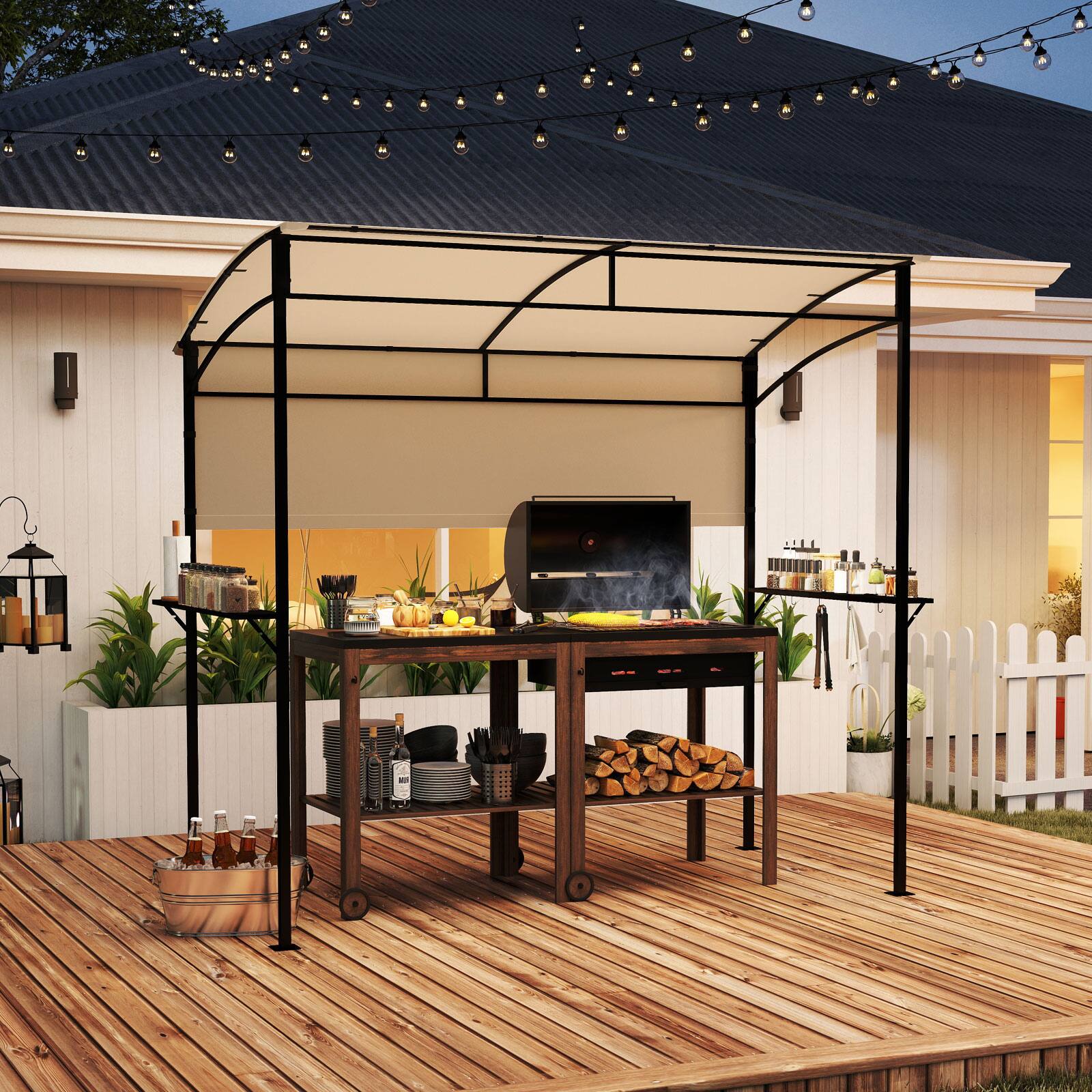 Alt View 4. Gymax - Gymax 7.8 x 4.4 FT Grill Gazebo Outdoor Patio BBQ Canopy w/ Metal Shelves for Backyard - Beige.