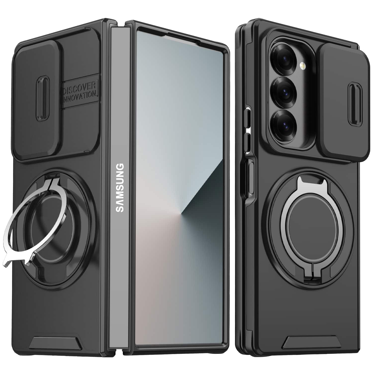 Dteck - for Samsung Galaxy Z Fold8 Ultra Case with Camera Slide Cover, Shockproof Rugged Cover with Magnetic Ring Stand - Black