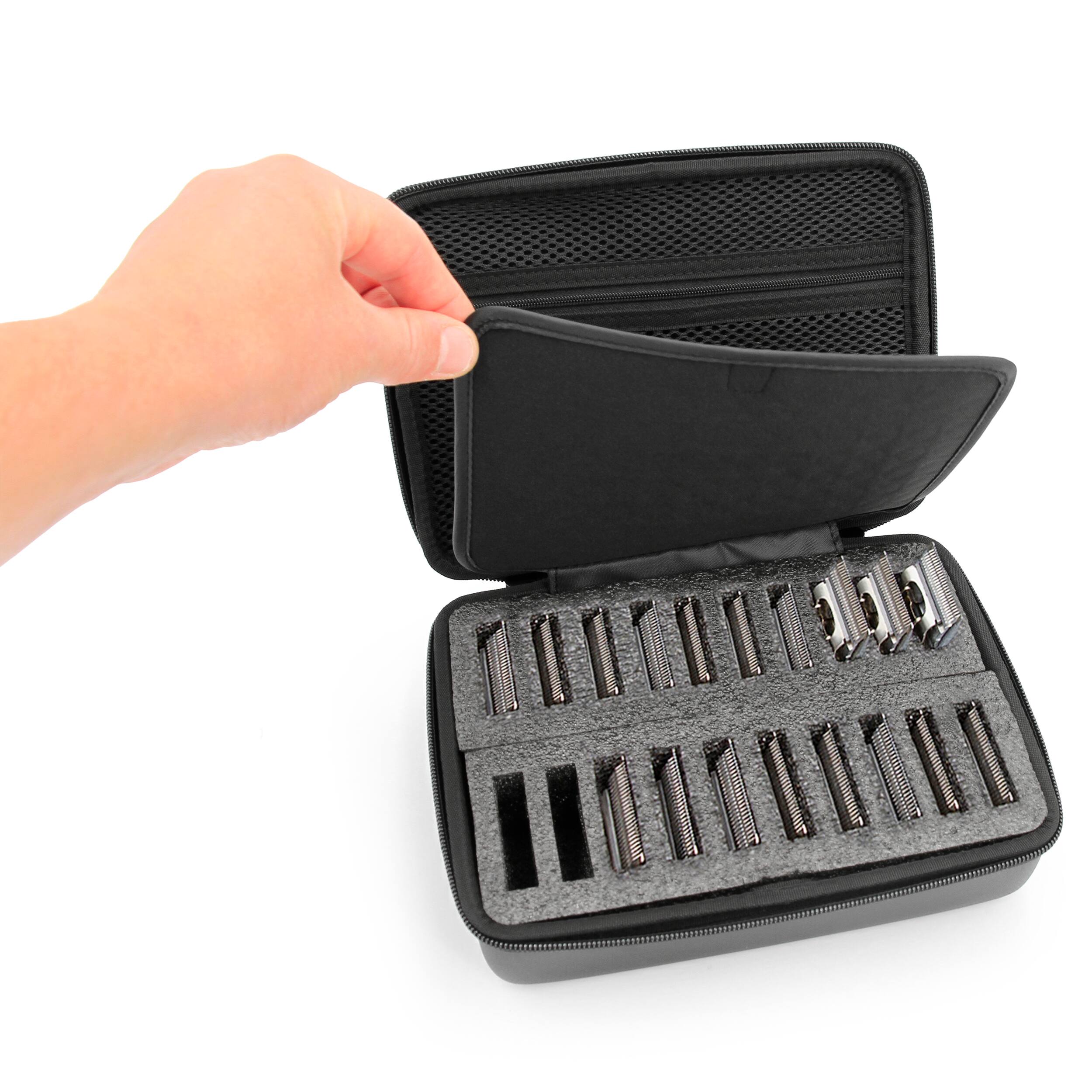 Alt View 2. CASEMATIX - 20-Slot Hair Clipper Blade Holder Case for Barbers & Stylists – Detachable Blades, Guards, and Accessory Storage.