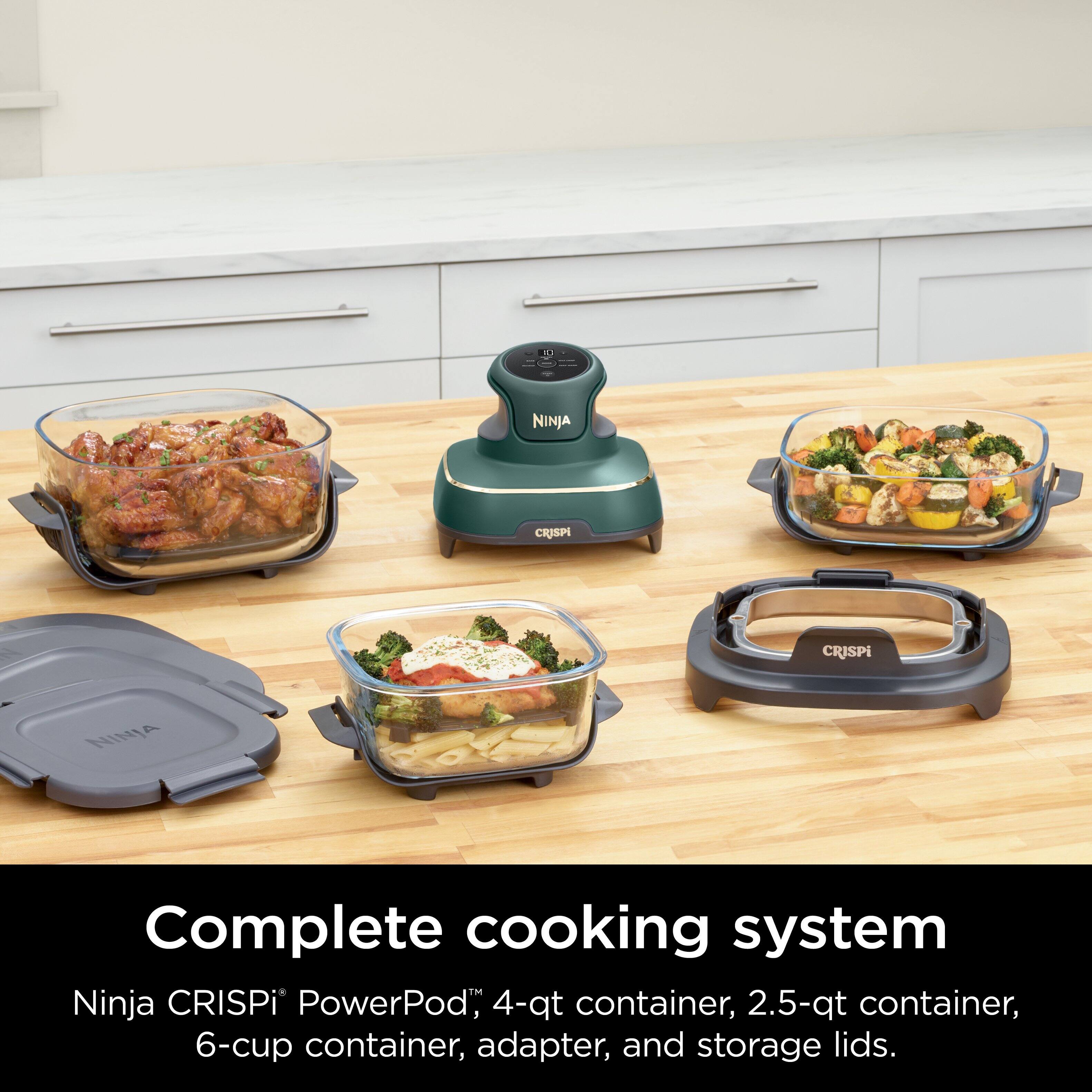 Complete cooking system  
Ninja CRISPi PowerPod™, 4-qt container, 2.5-qt container, 6-cup container, adapter, and storage lids.