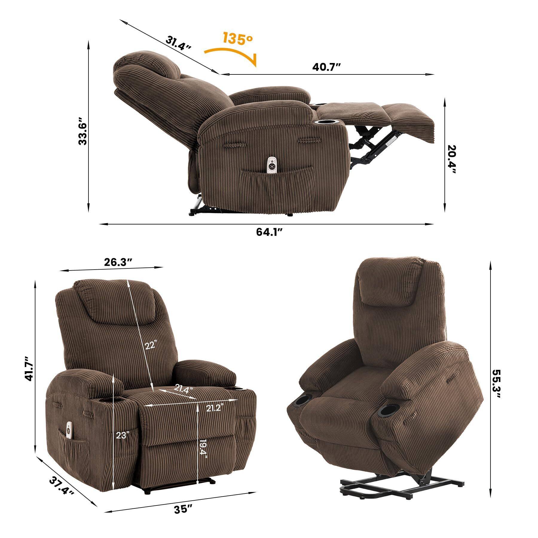Sure, here is the corrected and grouped text from the image:

- **Dimensions of the recliner:**
  - Width: 40.7"
  - Depth (reclined): 64.1"
  - Height: 33.6"
  - Seat Height: 20.4"
  - Seat Depth: 26.3"
  - Seat Width: 21.4"
  - Armrest Height: 22"
  - Armrest Width: 21.2"
  - Back Height: 41.7"
  - Back Width: 31.4"
  - Overall Width: 31.4"
  - Overall Depth: 35"
  - Overall Height: 55.3"
  - Reclining Angle: 135°

- **Dimensions of the recliner in the reclined position:**
  - Width: 40.7"
  - Depth: 64.1"
  - Height: 33.6"
  - Seat Height: 20.4"
  - Seat Depth: 26.3"
  - Seat Width: 21.4"
  -