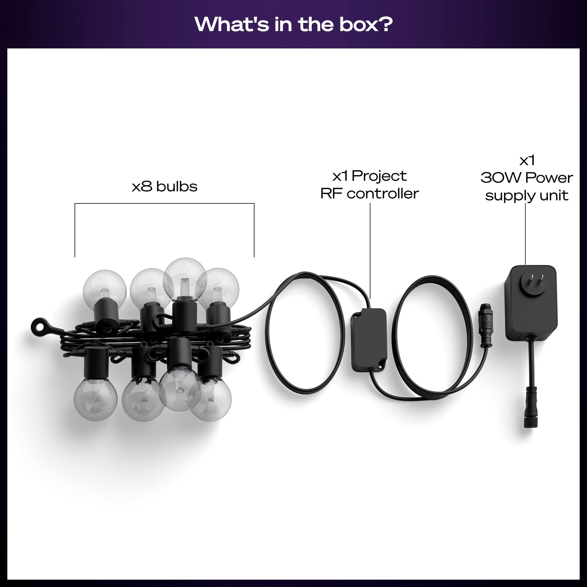 What's in the box?

- x8 bulbs
- x1 Project RF controller
- x1 30W Power supply unit