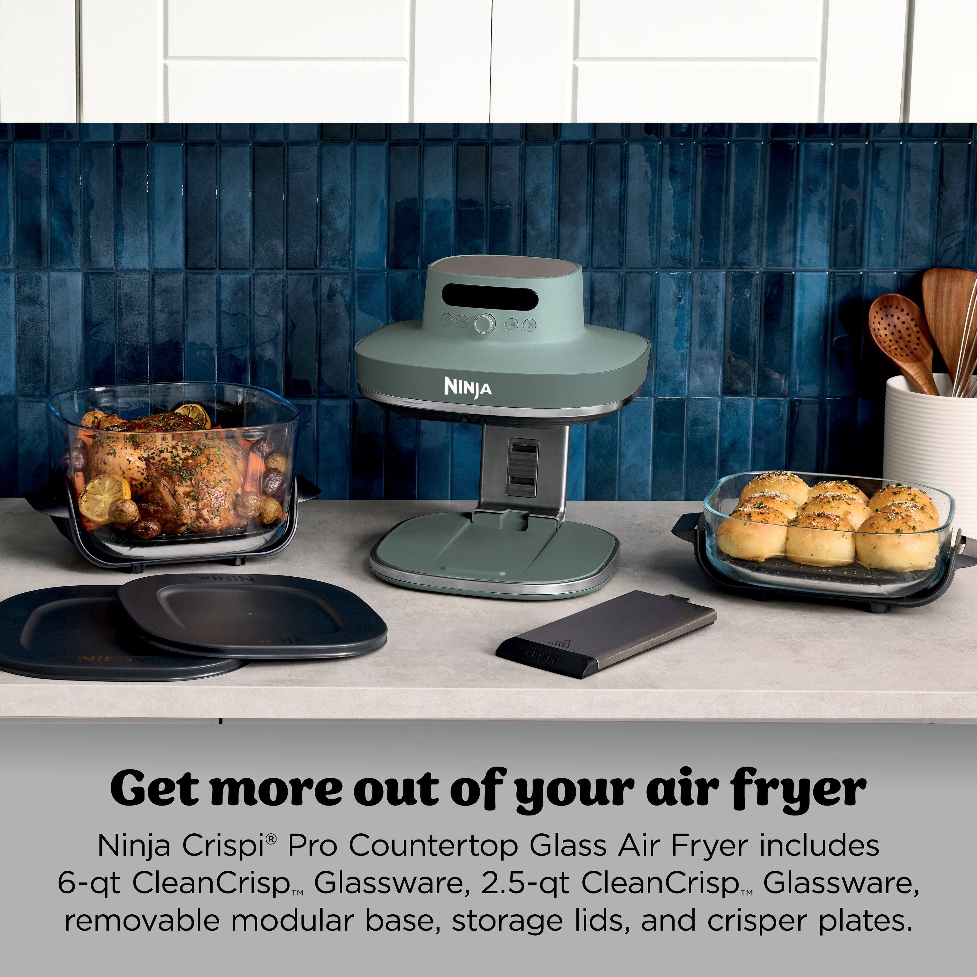 NINJA Get more out of your air fryer Ninja Crispi Pro Countertop Glass Air Fryer includes 6-qt CleanCrisp™ Glassware, 2.5-qt CleanCrisp™ Glassware, removable modular base, storage lids, and crisper plates.