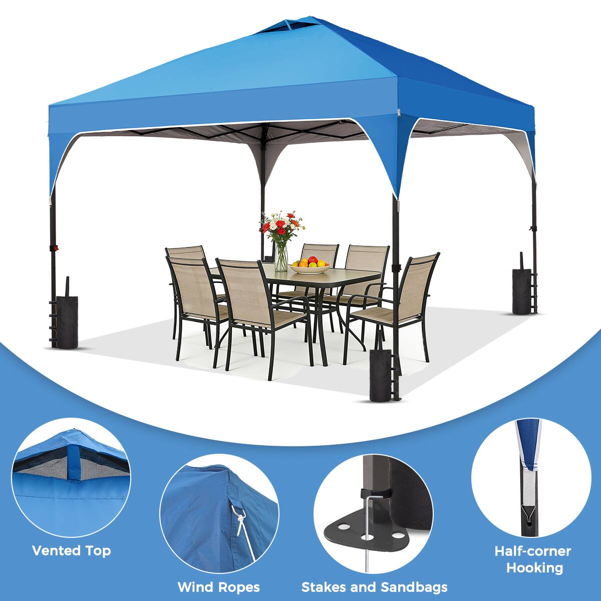 Vented Top  
Wind Ropes  
Stakes and Sandbags  
Half-corner Hooking