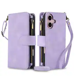 Dteck - RFID Blocking Zipper Wallet Pocket 9 Cards For Apple iPhone 16 Plus PU Leather Stand Crossbody Strap Cover - Purple