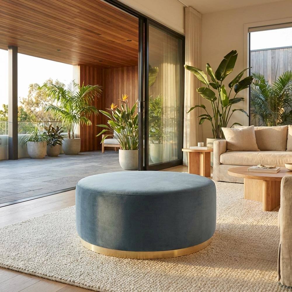 Angle. Outdoor Escape - Round Velvet Outdoor Ottoman With Upholstered Top For Lounge Area - Blue.