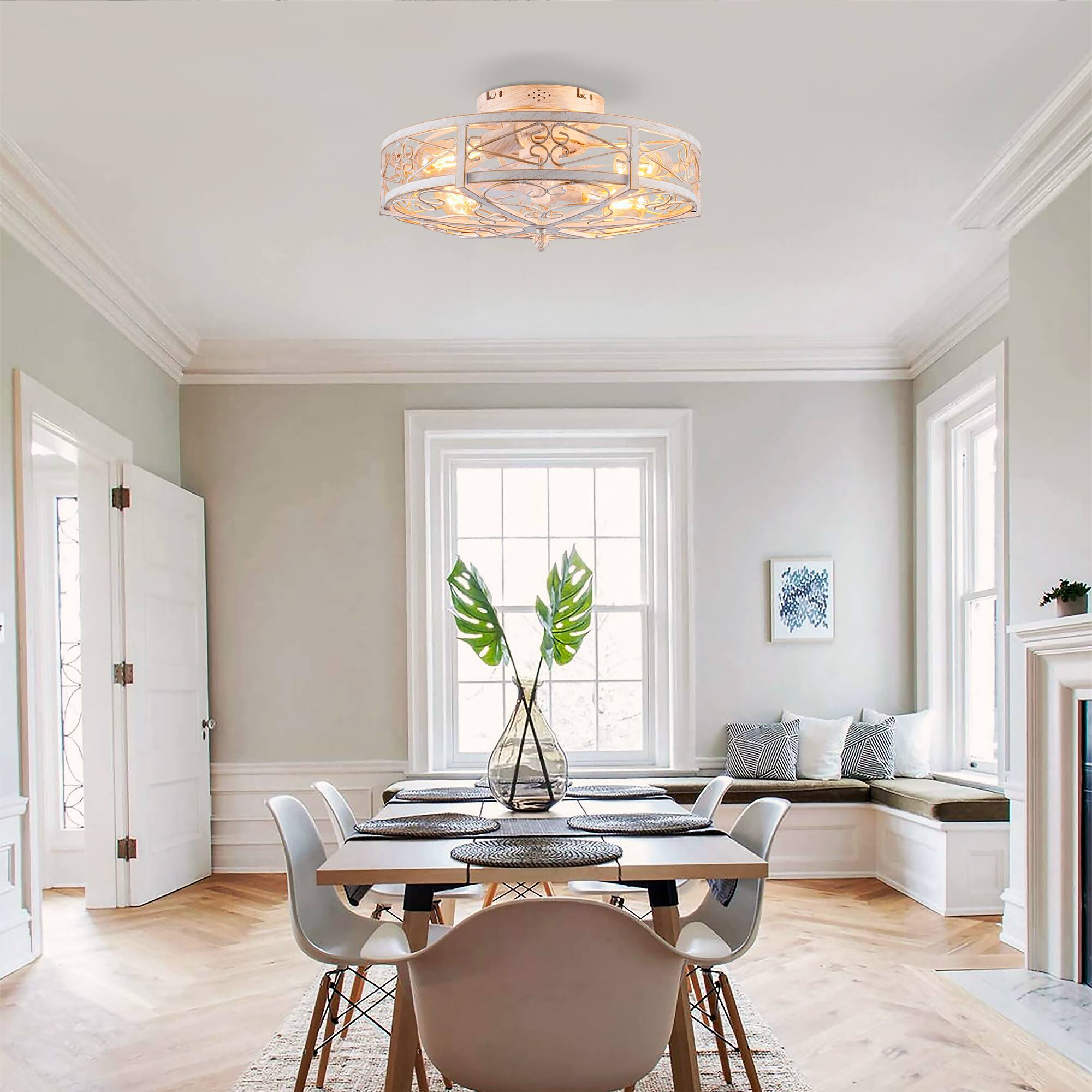 Back. GOODSILO - 20" Caged Ceiling Fan with Light & Remote, 6-Speed, Reversible, Timer (Bulbs Not Included) - Retro White.