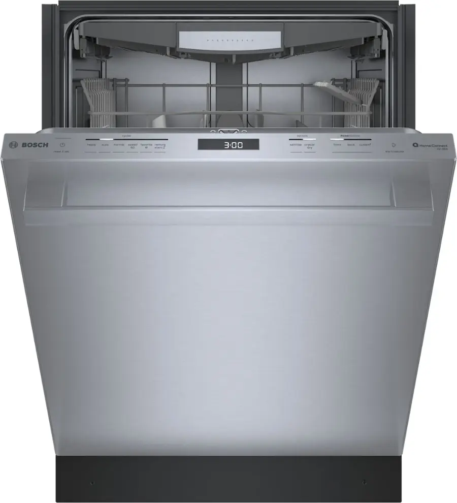 Bosch is the brand of the dishwasher shown in the image. The dishwasher has a stainless steel finish and features a silver interior. It is a modern and sleek appliance that is designed to be efficient and easy to use. The dishwasher is equipped with a sprayer and a drainage system, which helps to keep the dishes clean and dry. The image also shows the dishwasher's interior, which is made of stainless steel and is designed to be easy to clean.