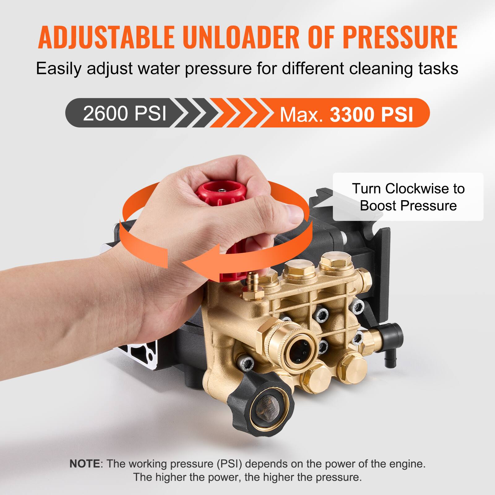 ADJUSTABLE UNLOADER OF PRESSURE  
Easily adjust water pressure for different cleaning tasks  

2600 PSI  
Max. 3300 PSI  

Turn Clockwise to Boost Pressure  

NOTE: The working pressure (PSI) depends on the power of the engine. The higher the power, the higher the pressure.