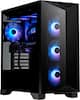The image features a black computer tower with a GeForce RTX logo on the side. The tower has a purple light inside and is equipped with a GeForce RTX 2080 Ti graphics card. The case also has a fan and a disc drive.