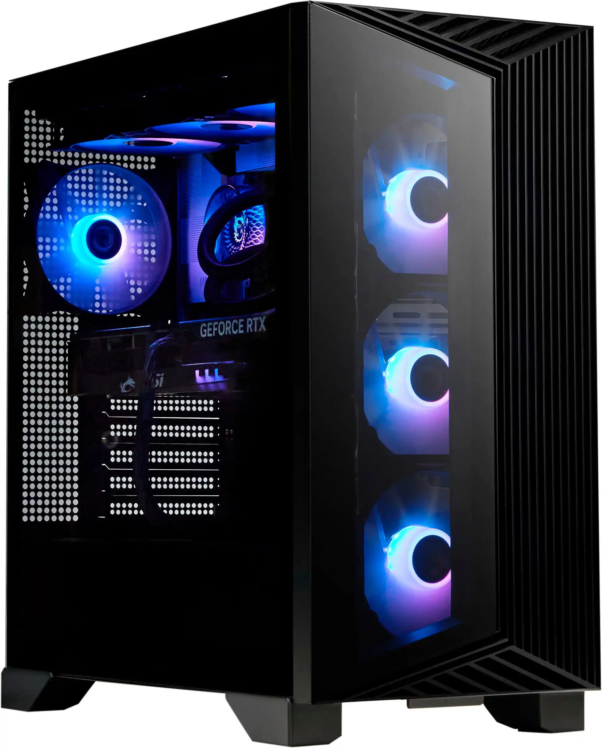 The image features a black computer tower with a GeForce RTX logo on the side. The tower has a purple light inside and is equipped with a GeForce RTX 2080 Ti graphics card. The case also has a fan and a disc drive.