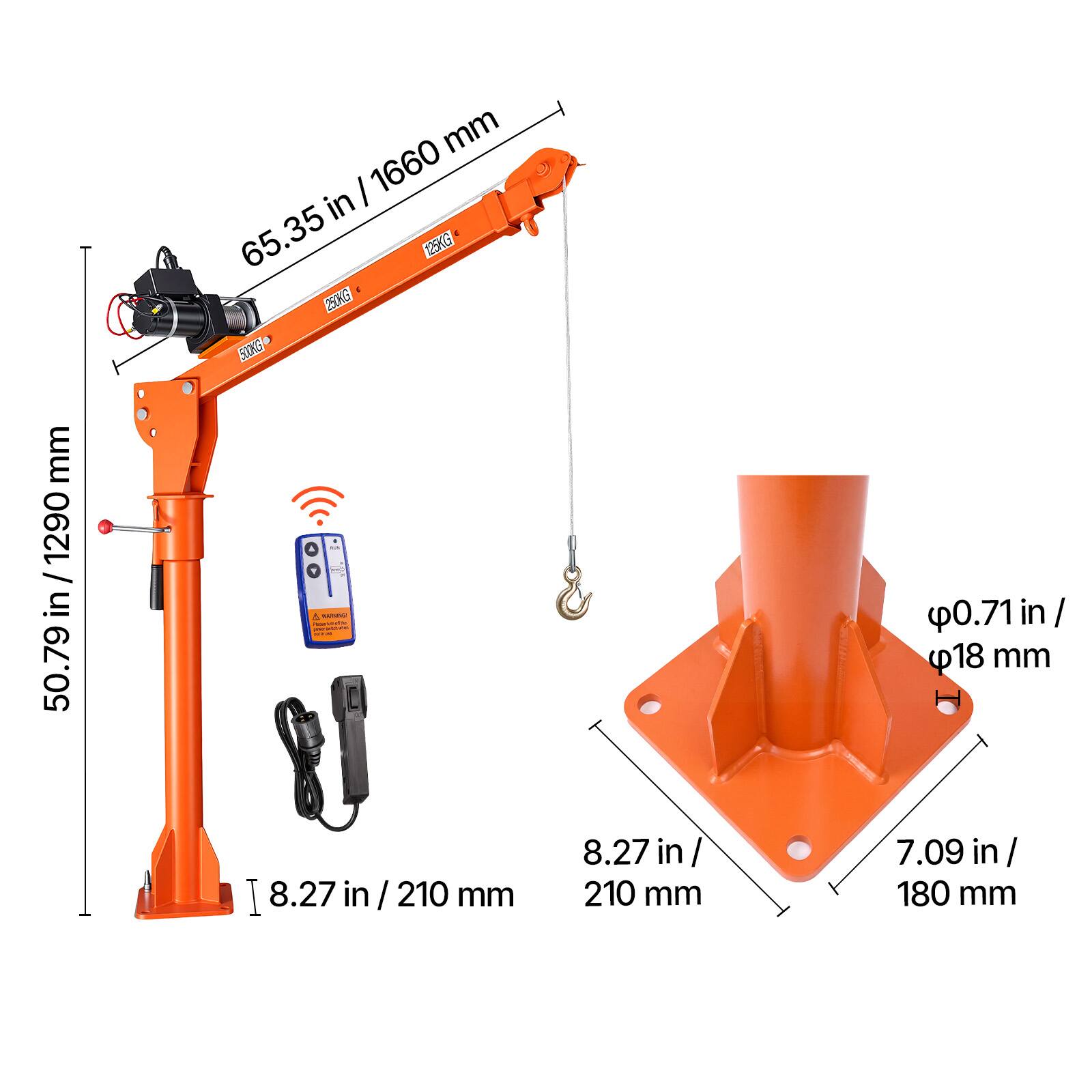 mm 50.79 in / 1290 mm  
65.35 in / 1660 mm  
8.27 in / 210 mm  
0.71 in / 18 mm  
7.09 in / 180 mm  

125KG 250KG 500KG  

WARNING!