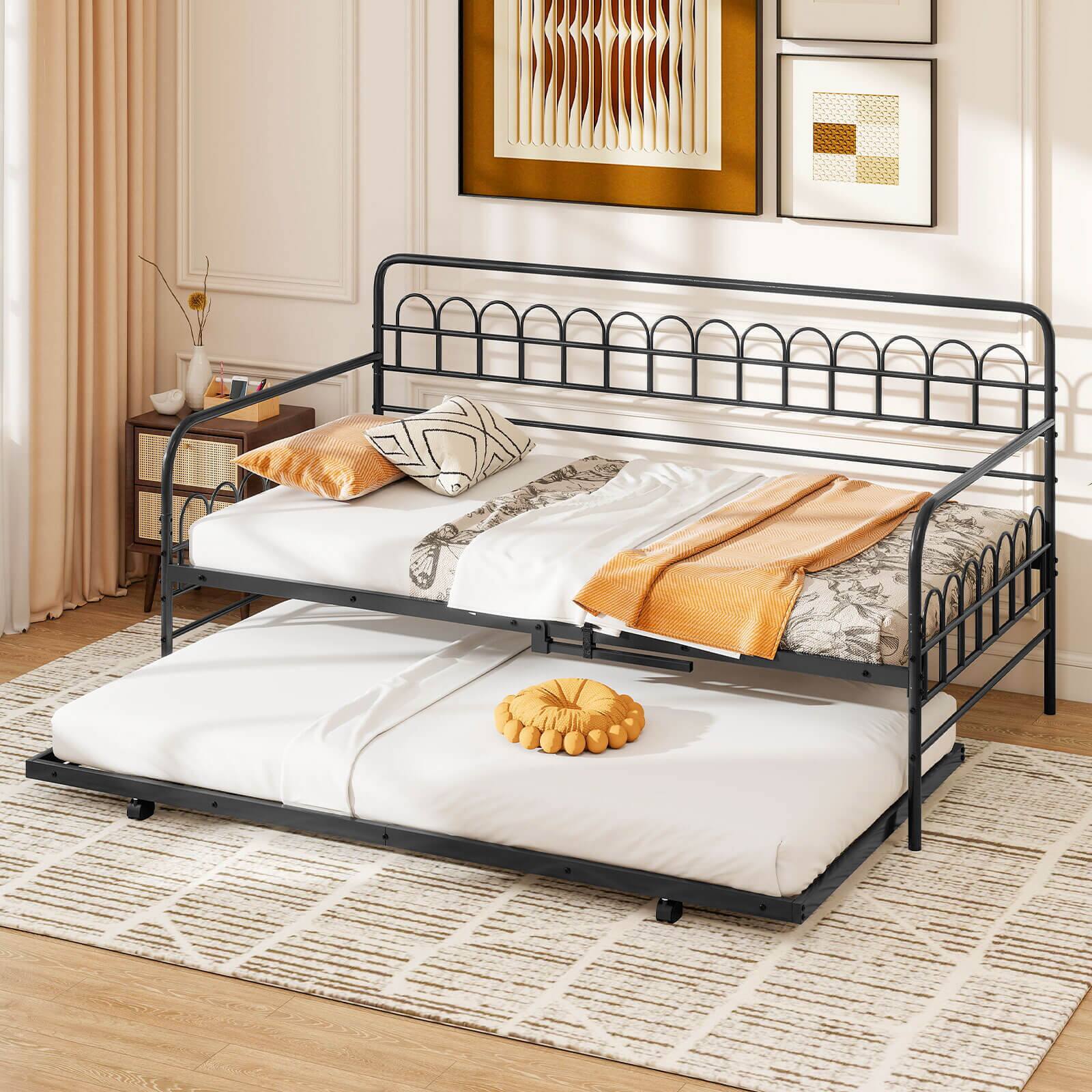 Alt View 1. Costway - Costway Twin Daybed with Trundle Curved Backrest & Armrests Heavy-duty Metal Slats - Black.
