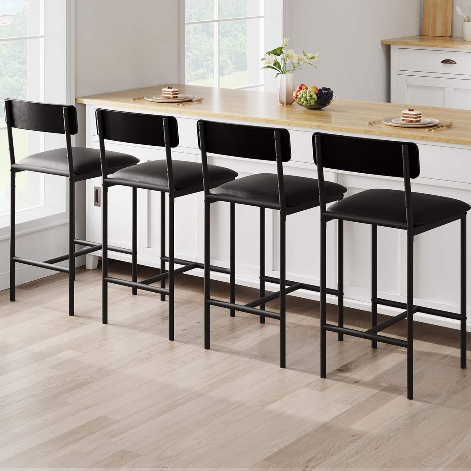 GARVEE - Farmhouse Bar Stool Set of 4, PU Leather Upholstered Bar Chairs with Back & Metal Frame - Black