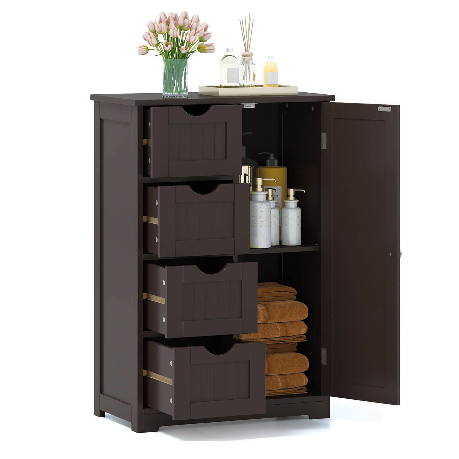 Costway - Bathroom Storage Wooden 4 Drawer Cabinet Cupboard 2 Shelves Free Standing - Brown