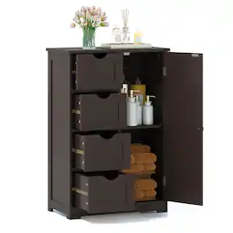Costway - Bathroom Storage Wooden 4 Drawer Cabinet Cupboard 2 Shelves Free Standing - Brown