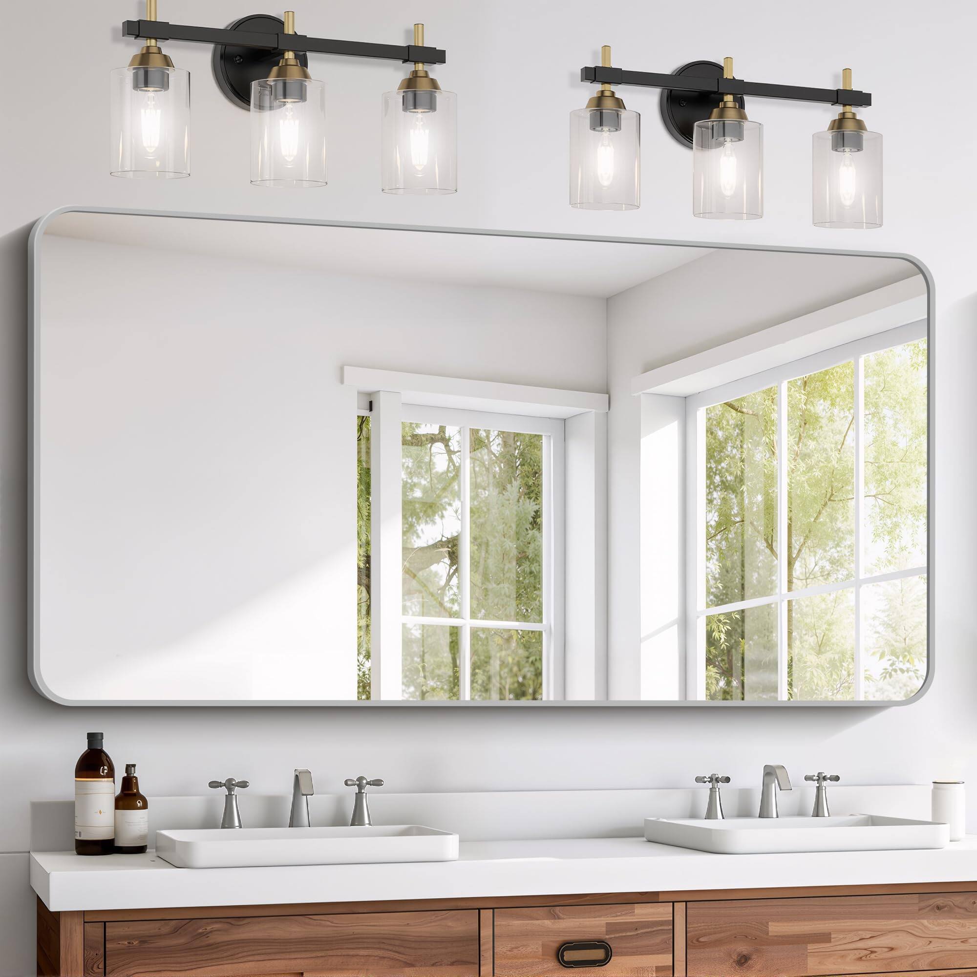 Comfort Essence - Bathroom Mirror Rectangular Vanity 30 X Wall Rounded Corner Metal Framed For Living Room Bedroom Entryway - Silver-36"L x 48"W