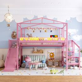 Boyel Living - Full Size Loft Bed with Storage Stairs Shelves and Built in Wardrobe Metal Loft Bed Frame - Pink
