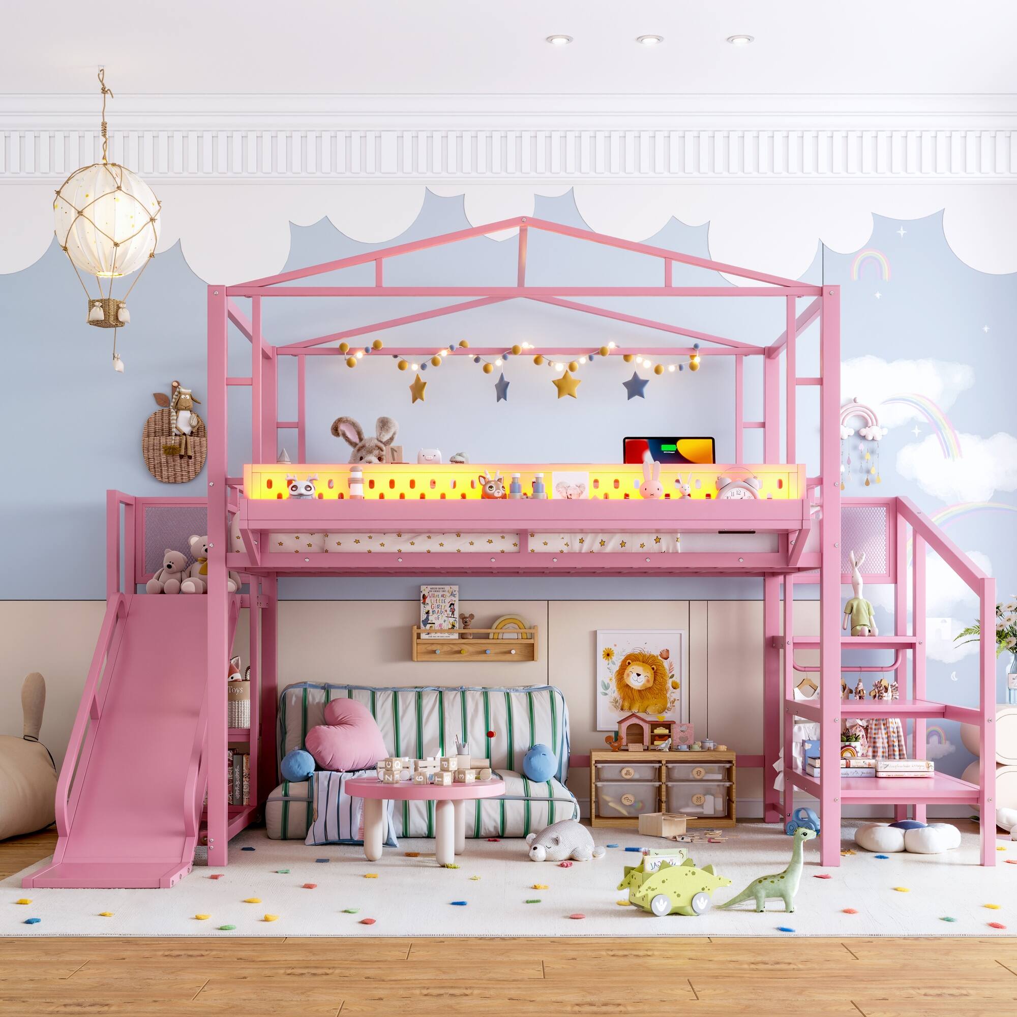 Boyel Living - Full Size Loft Bed with Storage Stairs Shelves and Built in Wardrobe Metal Loft Bed Frame - Pink