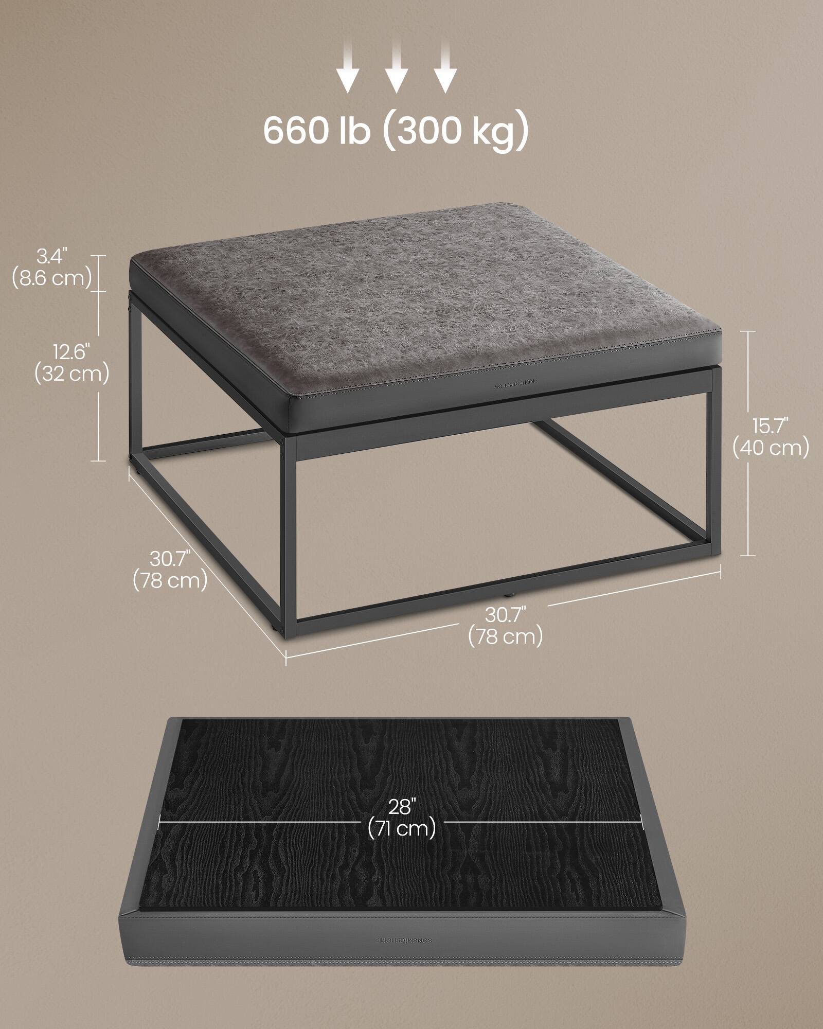 660 lb (300 kg)

3.4" (8.6 cm)

12.6" (32 cm)

15.7" (40 cm)

30.7" (78 cm)

30.7" (78 cm)

28" (71 cm)