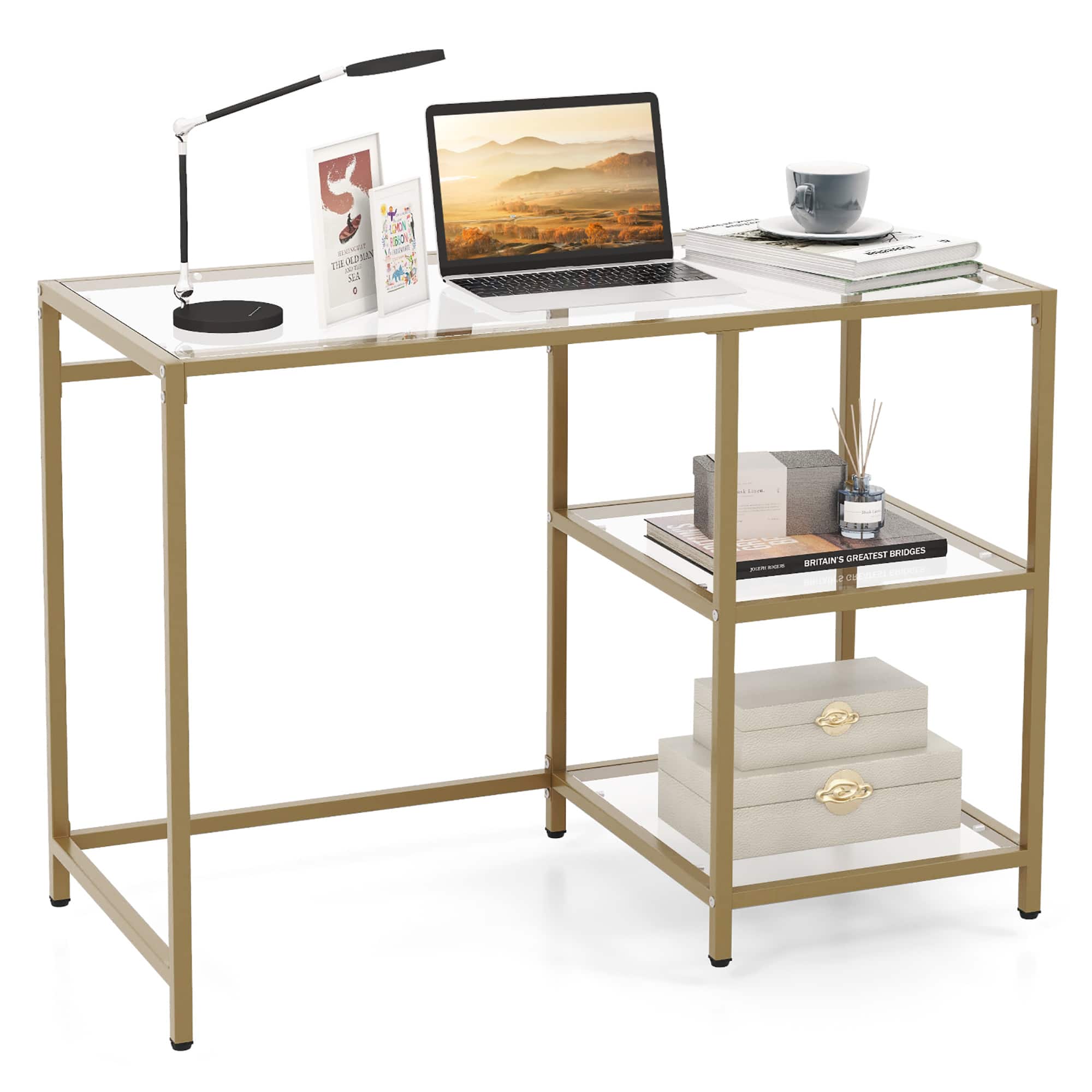 Gymax - Computer Desk Tempered Glass Workstation Vanity Table w/ 2-Tier Storage Shelves - Gold