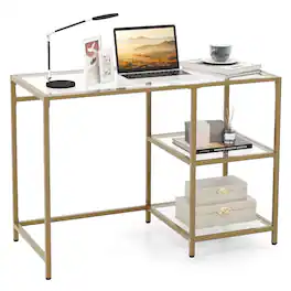 Gymax - Computer Desk Tempered Glass Workstation Vanity Table w/ 2-Tier Storage Shelves - Gold