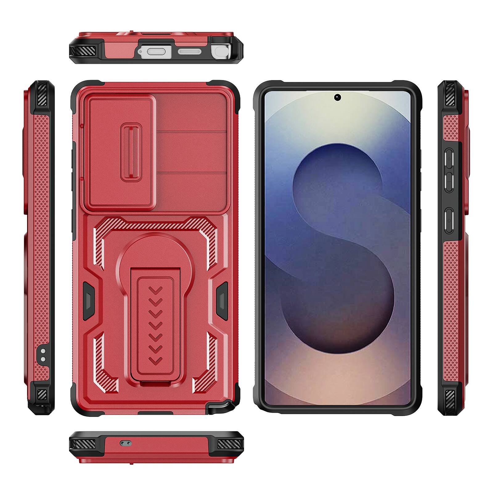 Alt View 4. Dteck - Rugged Stand Case for Samsung Galaxy S25 Ultra,Shockproof Heavy Duty Cover With Sliding Lens Cover+Tempered Glass Flim - Red.