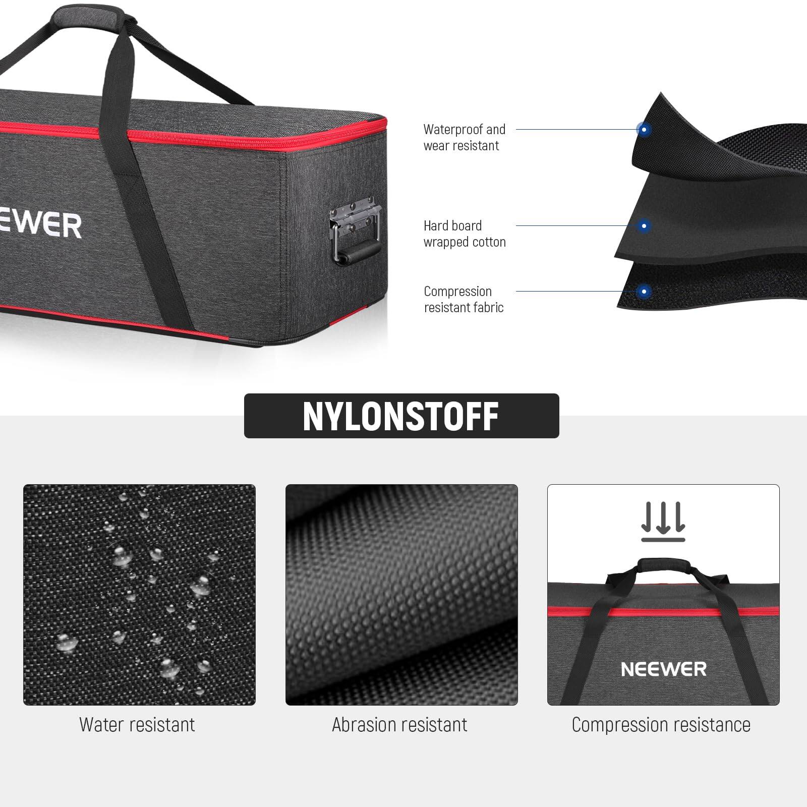 Waterproof and wear resistant  
Ewer Hard board wrapped cotton  
Compression resistant fabric  
NYLONSTOFF  
NEEWER  
Water resistant  
Abrasion resistant  
Compression resistance