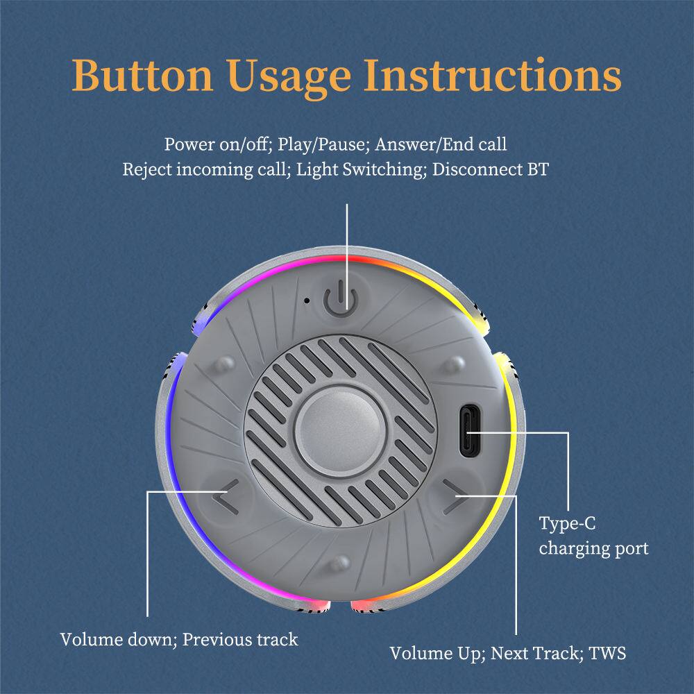 Button Usage Instructions

Power on/off; Play/Pause; Answer/End call; Reject incoming call; Light Switching; Disconnect BT

Type-C charging port

Volume down; Previous track

Volume Up; Next Track; TWS